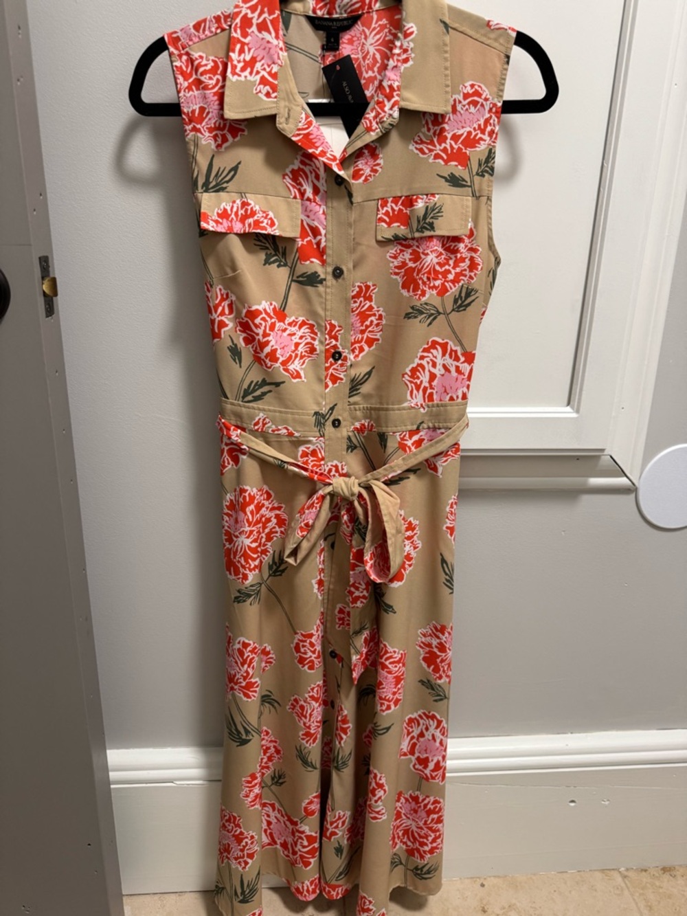 Banana Republic Tan Shirt Dress with Coral and Pink Floral Print